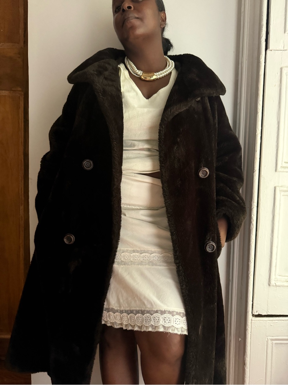 Vintage 1970s Borgana Faux Fur Coat Chocolate Brown Double Breasted Swing Coat